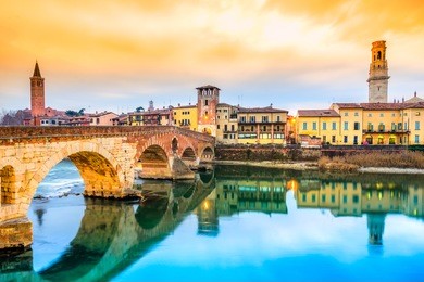 verona, italy. scenery with adige river and ponte di pietra.