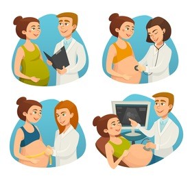 pregnancy / pregnant woman and doctor / medical prenatal care checkup screening and test / healthcare / vector cartoon illustration / people set
