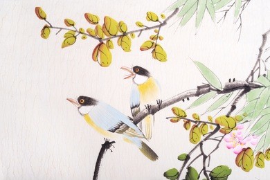 traditional chinese painting of flowers and two birds on tree