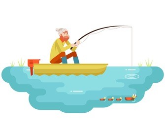 lake fishing adult fisherman fishing rod boat birds isolated concept character icon flat design template vector illustration