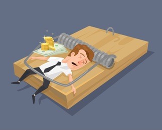 businessman in mouse trap. vector flat illustration