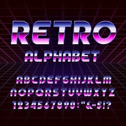 retro alphabet font. metallic effect letters and numbers on the 80's style background. vector typography for flyers, headlines, posters etc.