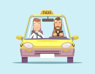 taxi car and taxi driver with passenger. vector flat illustration