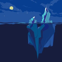 iceberg underwater and above water at night in the moonlight. vector illustration