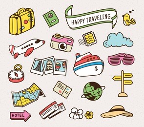 travel related object in cute cartoon doodle style
