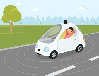 self-driving intelligent driverless car goes through the city with happy passenger relaxing.