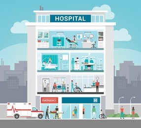 hospital building and department with doctors working, office, surgery, ward, outpatient and reception, healthcare concept