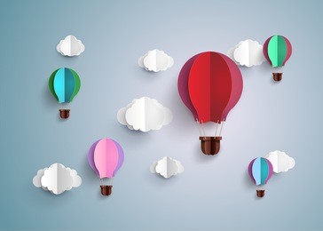 origami made hot air balloon and cloud.paper art style.