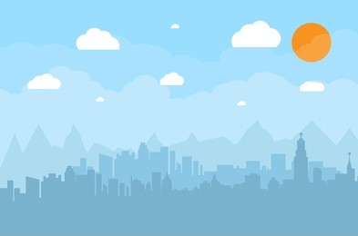 morning city skyline. buildings silhouette cityscape with mountains. big city streets. blue sky with sun and clouds. vector illustration.
