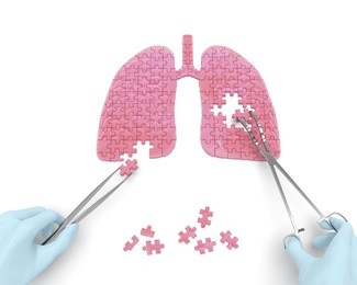 lungs operation puzzle concept: hands of surgeon with surgical instruments (tools) perform lungs surgery as a result of respiratory disease, pneumonia, tuberculosis, bronchitis, asthma, lung abscess