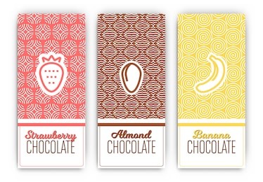chocolate packaging set - collection of vertical designs of strawberry, almond, and banana flavoured chocolate bars - mono line style pattern and icon designs