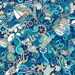 cartoon hand-drawn doodles on the subject of nautical theme seamless pattern. colorful detailed, with lots of objects vector background