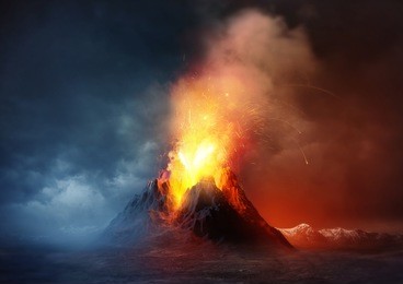 a large volcano erupting hot lava and gases into the atmosphere. 3d illustration.