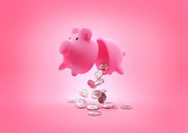 a broken piggy bank dropping coins onto the floor. 3d illustration.