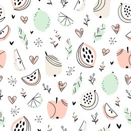 stylized fruits and doodle hearts seamless pattern