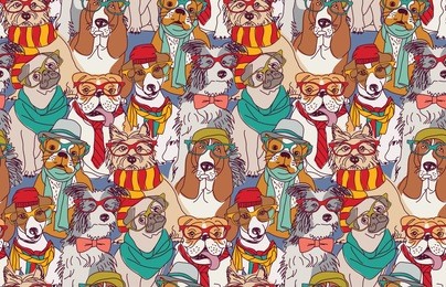 cute dog fashion hipster seamless pattern.  color vector illustration. eps8