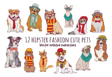 cute cats and dogs fashion hipster isolated pets.  color vector illustration. eps8