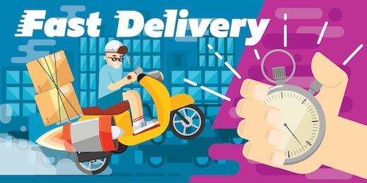 fast delivery scooter design vector banner. delivery box. 