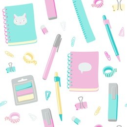stationery seamless pattern. cute office and school supplies.