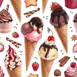 watercolor illustration of ice cream. seamless pattern