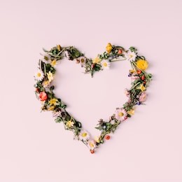 heart symbol made of flovers and leaves on white background.