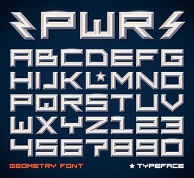 square contemporary monospaced font, letters and numbers. metallic beveled version. vector illustration.