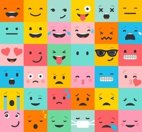 set of colorful emoticons, emoji flat backgound pattern