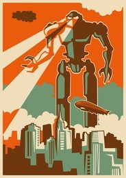 retro illustration with giant robot. vector illustration.
