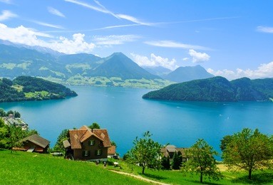 beautiful view to lake lucerne (vierwaldstattersee) and mountain pilatus from rigi, swiss alps