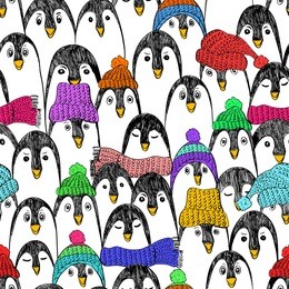 graphic seamless pattern with cute hand drawn penguins in colorful hats and scarfs. funny penguin background.