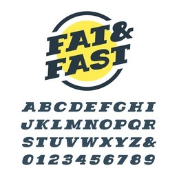 wide italic slab serif font. vector alphabet with latin letters and numbers.