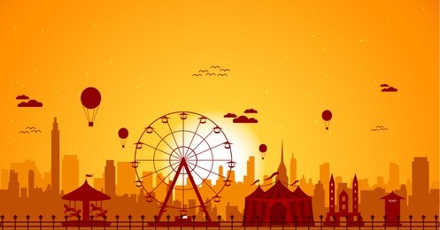ferris wheel with cityscape at sunset