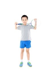 young asian boy play badminton on white background