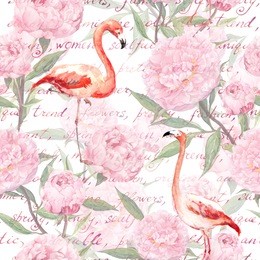 pink flamingo birds with peony flowers and hand written text. vintage floral seamless pattern. watercolor