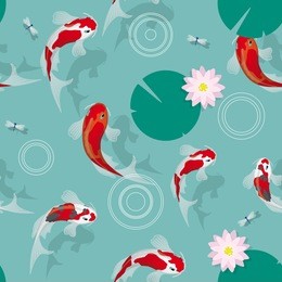 koi swimming in water with leaves and lotus flowers. seamless pattern.