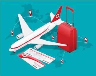 travel and tourism background. buying or booking online tickets. travel, business flights worldwide. flat 3d isometric vector illustration.