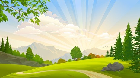 evergreen forest and green grasslands around a lonely path