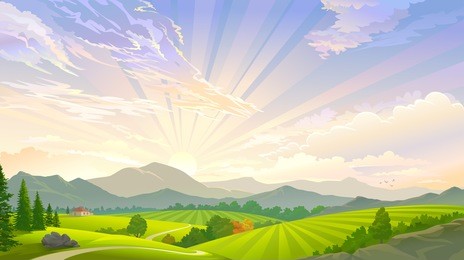 a sky full of rays and a scenic meadow
