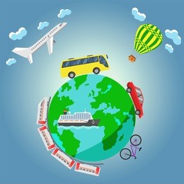 travel around the world by airplane, bus, aerostat, car, bicycle, train and ship. vector illustration