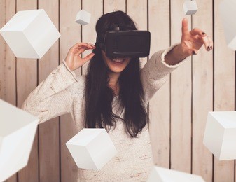 woman in virtual reality helmet. vr glasses.