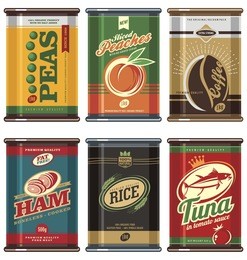vintage food cans. retro food can vector collection. no gradients, no transparencies, no drop shadow effects, only fill colors. peas, coffee, peaches, ham, tuna, rice.