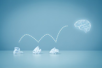 creative process concept - from failed idea to successful idea (problem solution). icon of the brain representing idea.
