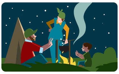 family preparing a meal outdoors. tourists in camp, hiking, camping, adventure. cooking a meal over a fire, relaxing outdoors.