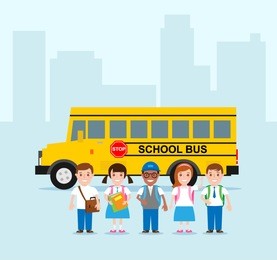 school children kids in uniform with books backpacks school bus