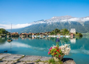 scenery of fishing village  on lake brienz, switzerland.  