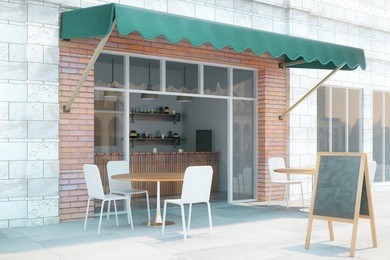 cafe exterior design with empty black menu stand on the right. mock up, 3d render