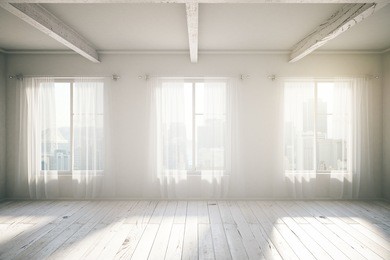 white room loft interior design with three windows, wooden floor, curtains and city view. 3d render