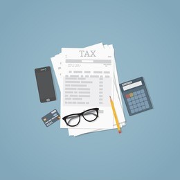 flat illustration. documents, pencil, business papers, calculator, glasses. tax calculation.