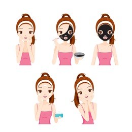 girl cares and protects her face with various actions set, treatment, beauty, cosmetic, makeup, healthy, lifestyle
