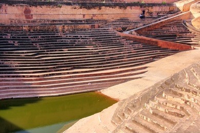 traditional stepwell at nahargarh fort in jaipur, rajasthan, india. the fort was constructed as a place of retreat on the summit of the ridge above the city.